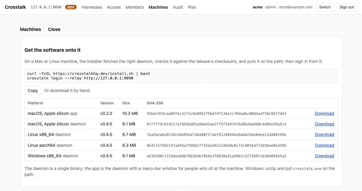 The Add a machine panel in the Machines view, with the install line and one download row per platform